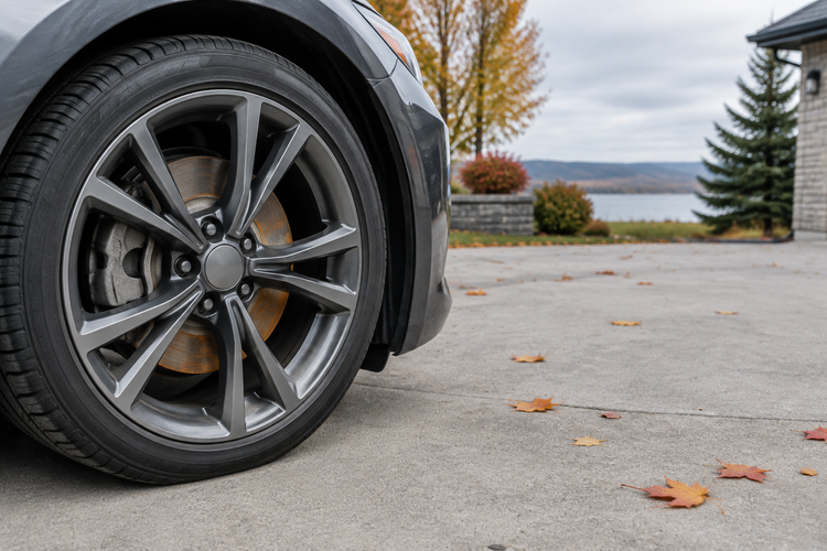 Close view of a parked car’s wheel with light surface rust visible on the brake disc beside autumn leaves.