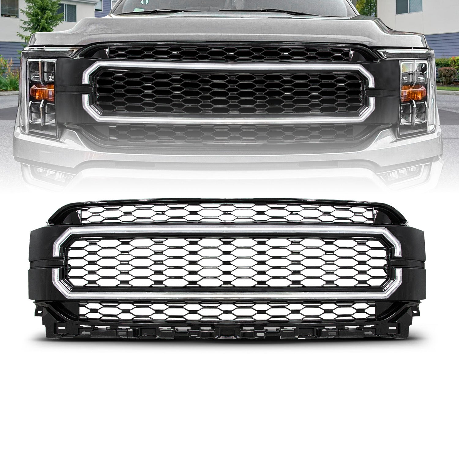 Black Housing Full LED Front Grille with Initiation and Running Light/DRL For 2021-2023 Ford F-150 901029