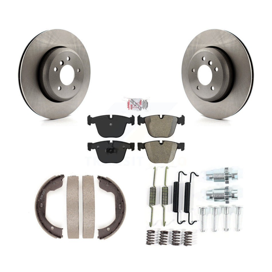 Rear Disc Rotors Semi-Metallic Pads Parking Shoes & Hardware Kit For BMW 650i 645Ci 550i K8A-109184