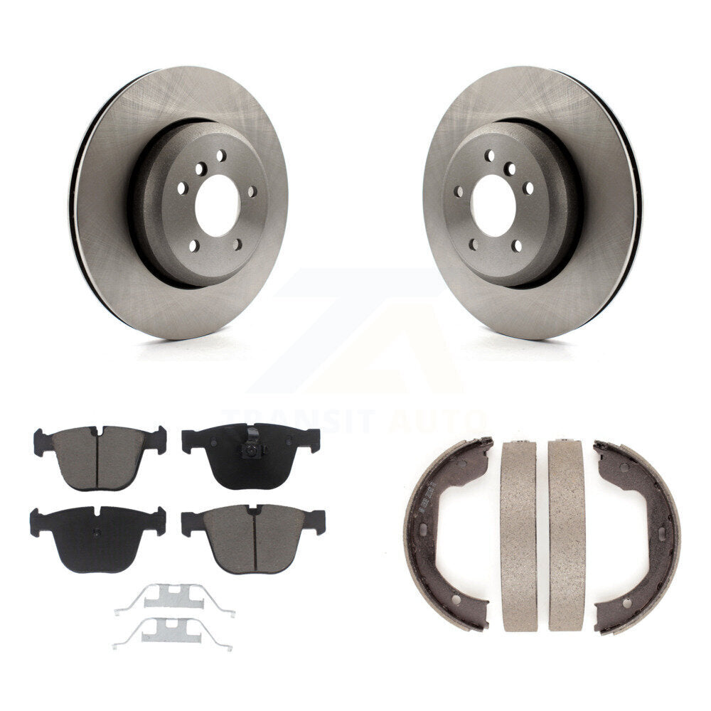 Rear Disc Rotors Ceramic Pads & Parking Brake Shoes Kit For BMW 650i 645Ci 550i 545i 535i K8C-104114