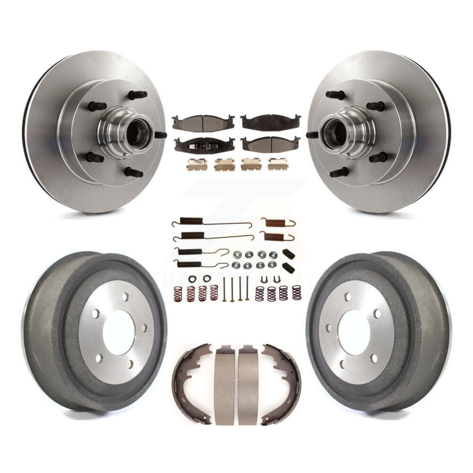 Front Rear Disc Brake Rotors Hub Assembly Semi-Metallic Pads And Drum Kit (7Pc) For 2000-2001 Ford E-150 Econoline 2-Wheel ABS K8F-102166