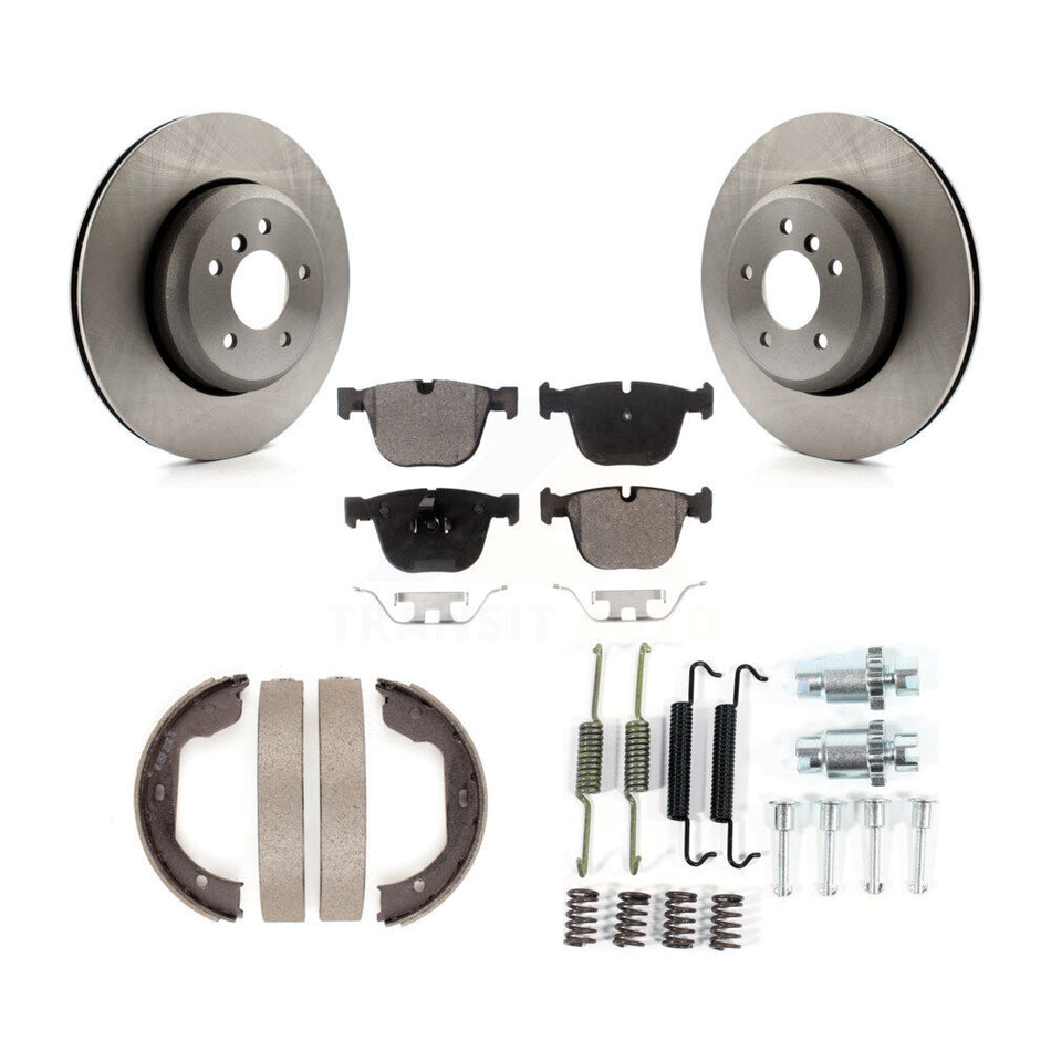 Rear Disc Rotors Semi-Metallic Pads Parking Shoes & Hardware Kit For BMW 650i 645Ci 550i K8F-104956