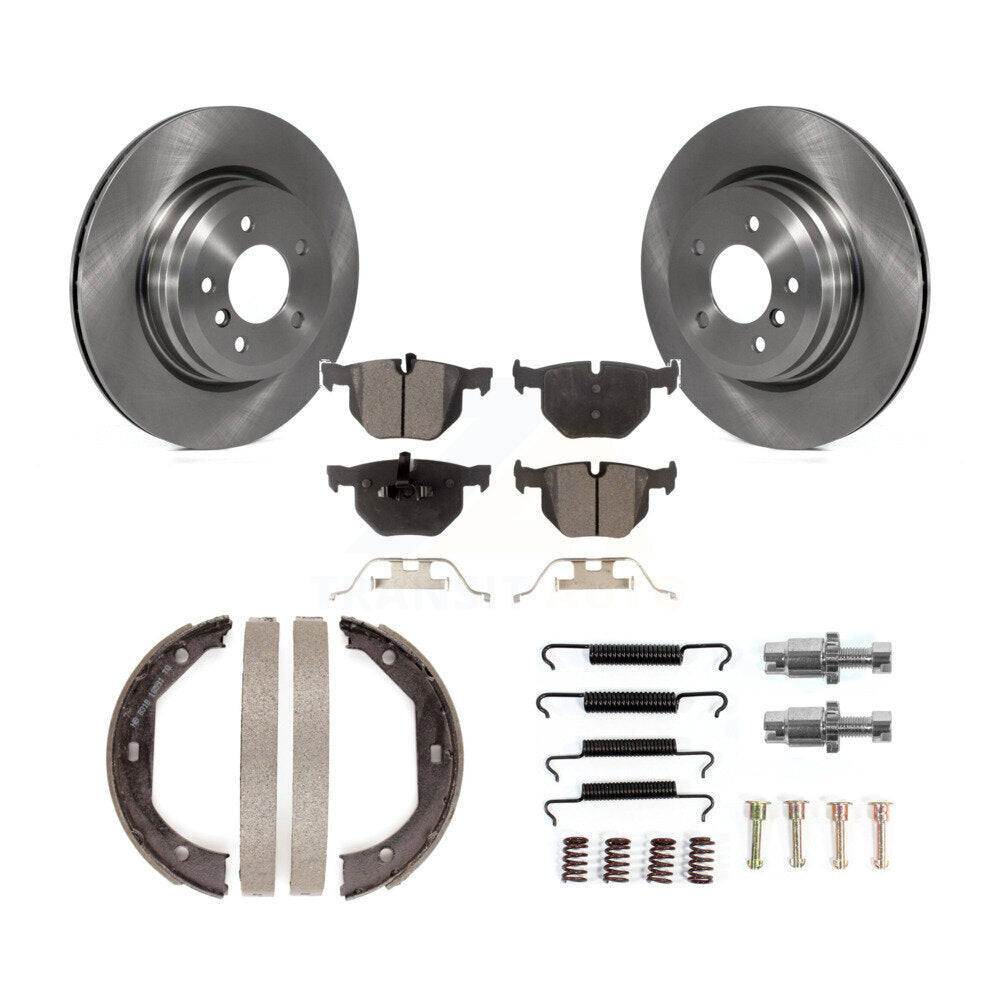 Rear Disc Rotors Semi-Metallic Pads Parking Shoes Hardware Kit For BMW 335i xDrive 335xi K8F-105084