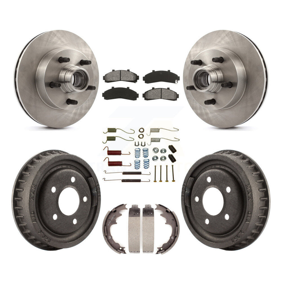 Front Rear Disc Brake Rotors Hub Assembly Semi-Metallic Pads And Drum Kit (7Pc) For 1998-1999 Mazda B4000 RWD with 4-Wheel ABS With 9" Diameter K8S-102205