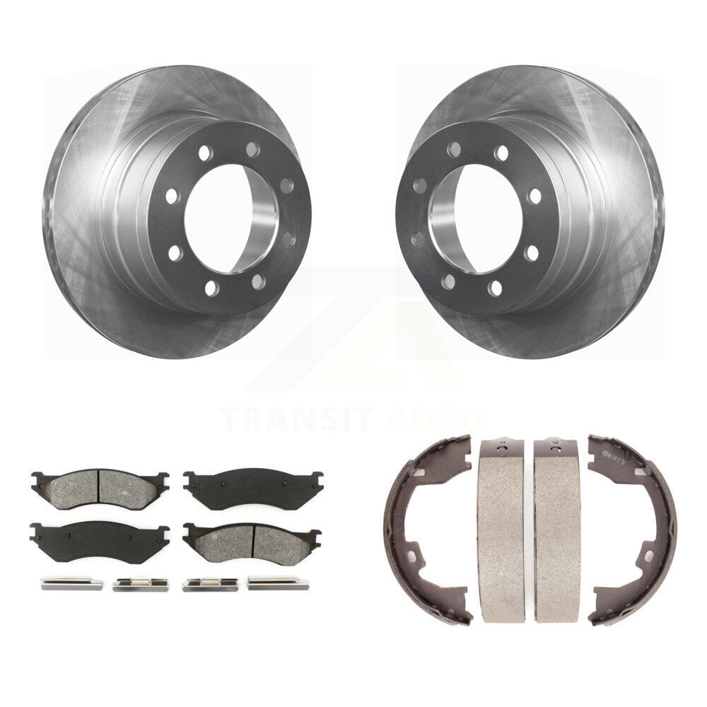 Rear Disc Rotors Semi-Metallic Pads Parking Brake Shoes Kit For Dodge Ram 1500 3500 2500 K8S-104433
