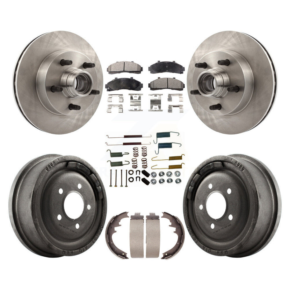 Front Rear Disc Brake Rotors Hub Assembly Ceramic Pads And Drum Kit (7Pc) For 1998-1999 Mazda B4000 RWD with 4-Wheel ABS With 10" Diameter K8T-102555