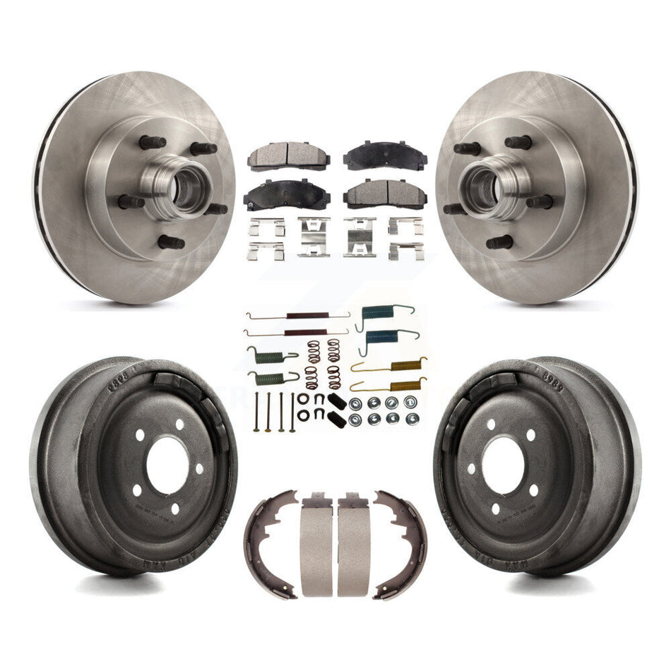 Front Rear Disc Brake Rotors Hub Assembly Ceramic Pads And Drum Kit (7Pc) For 1998-1999 Mazda B4000 RWD with 4-Wheel ABS With 10" Diameter K8T-102555