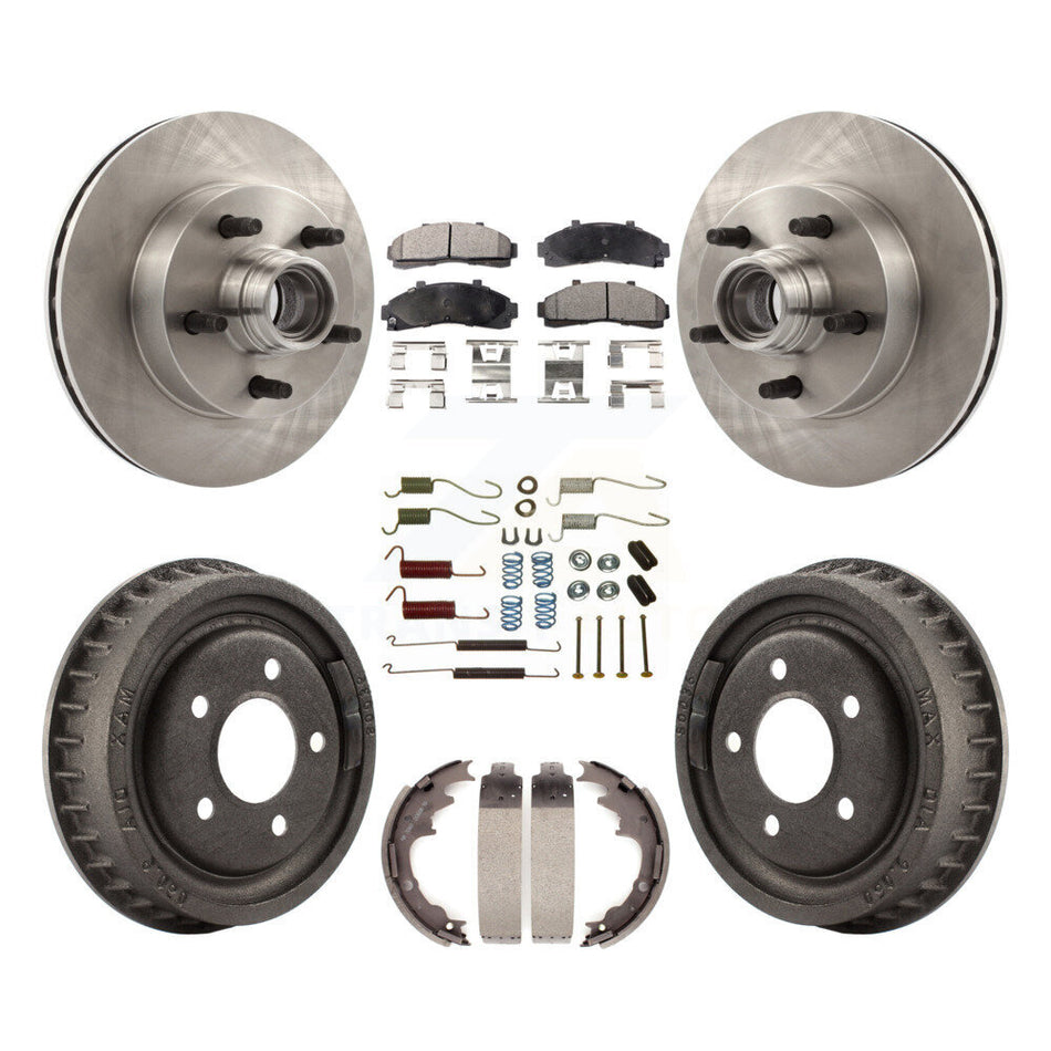 Front Rear Disc Brake Rotors Hub Assembly Ceramic Pads And Drum Kit (7Pc) For 1998-1999 Mazda B4000 RWD with 4-Wheel ABS With 9" Diameter K8T-102556