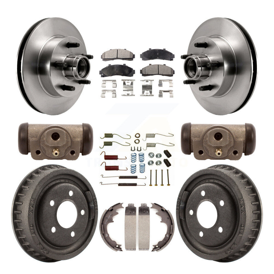 Front Rear Disc Brake Rotors Ceramic Pads And Drum Kit (9Pc) For 2001 Ford Ranger RWD with 2-Wheel ABS Coil front springs With 9" Diameter K8T-103497