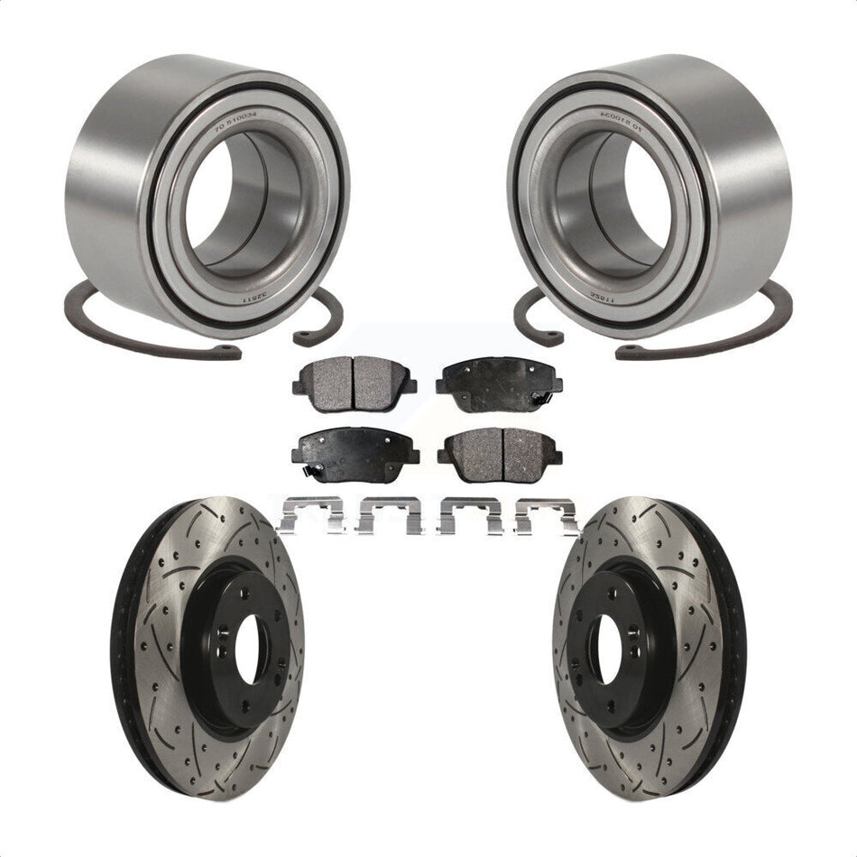 Front Wheel Bearing With Coated Drilled Slotted Disc Brake Rotors And Semi-Metallic Pads Kit For Hyundai Sonata Kia Optima KBB-100983