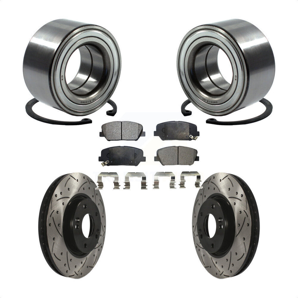 Front Wheel Bearing With Coated Drilled Slotted Disc Brake Rotors And Semi-Metallic Pads Kit For Hyundai Veloster Kia Forte Koup KBB-101025