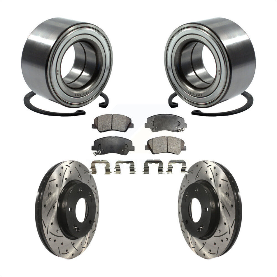Front Wheel Bearing With Coated Drilled Slotted Disc Brake Rotors And Semi-Metallic Pads Kit For Hyundai Elantra Kia Forte Veloster GT Forte5 Coupe Koup KBB-101031