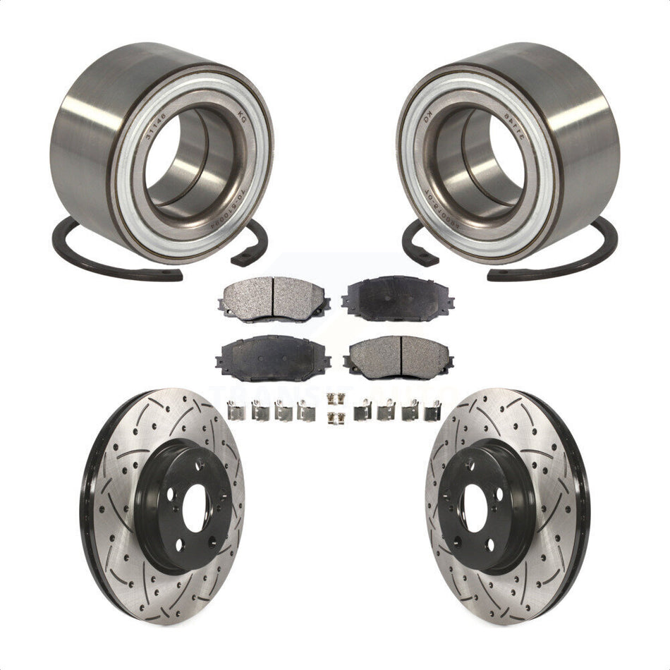 Front Wheel Bearing With Coated Drilled Slotted Disc Brake Rotors And Semi-Metallic Pads Kit For 2008-2014 Scion xD KBB-101036