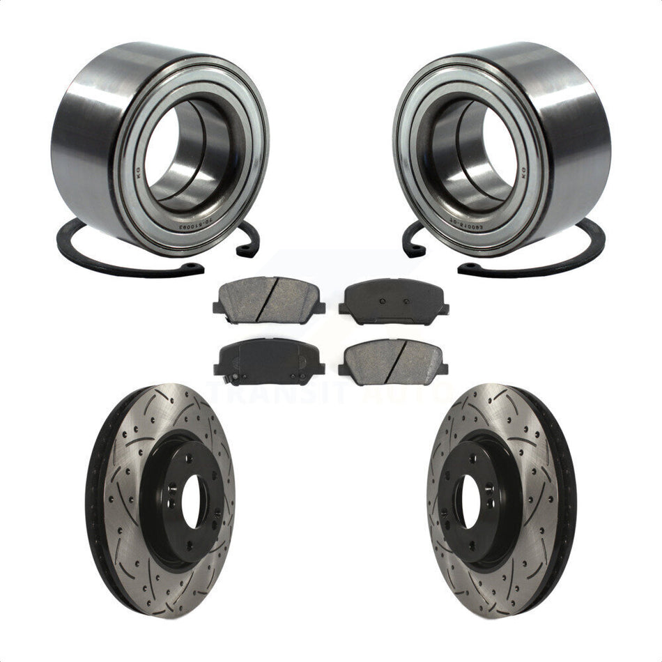 Front Wheel Bearing With Coated Drilled Slotted Disc Brake Rotors And Semi-Metallic Pads Kit For Hyundai Veloster Kia Forte Koup KBB-101119