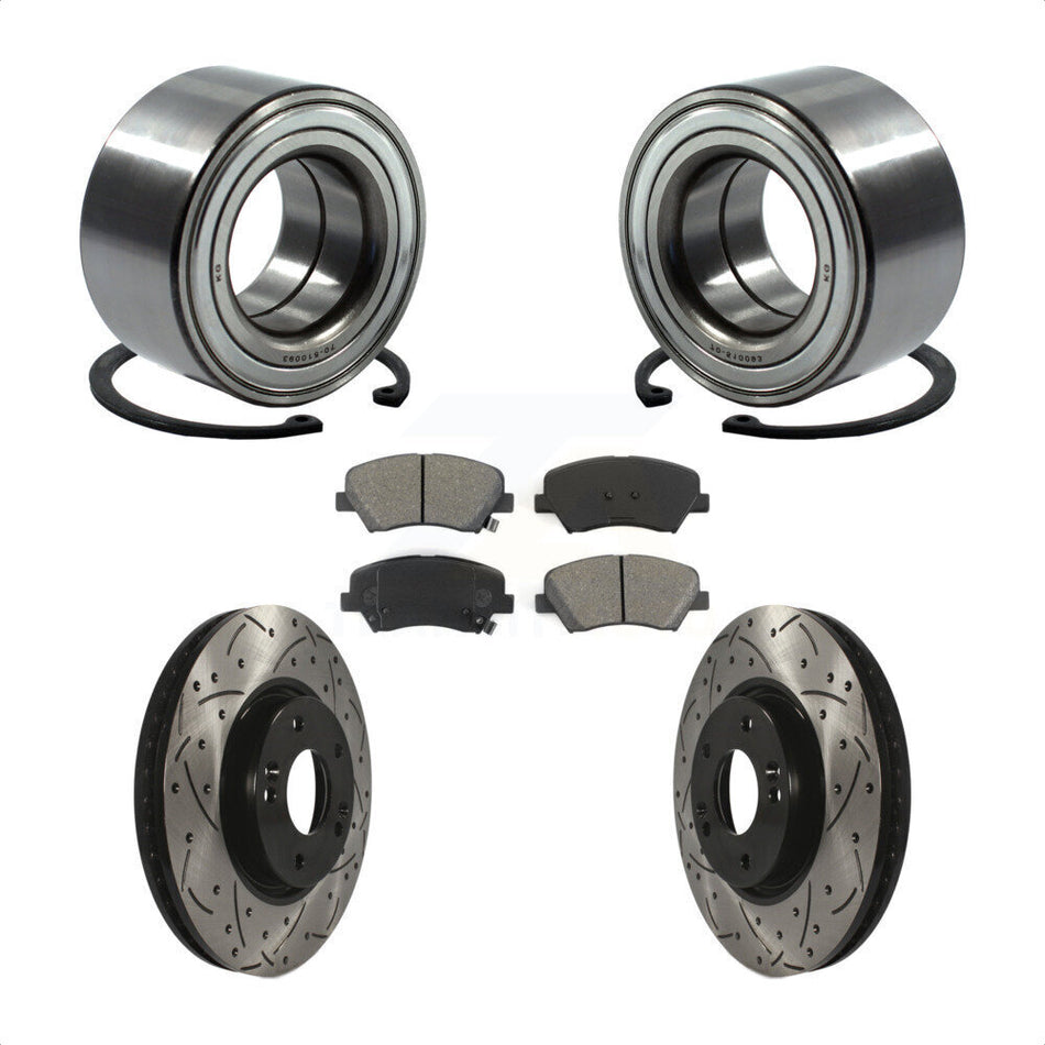 Front Wheel Bearing With Coated Drilled Slotted Disc Brake Rotors And Semi-Metallic Pads Kit For 2015 Hyundai Veloster Tech RE FLEX SE KBB-101120