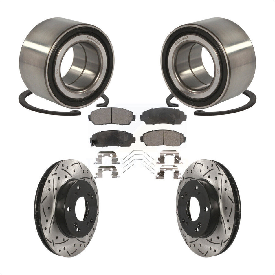 Front Wheel Bearing With Coated Drilled Slotted Disc Brake Rotors And Ceramic Pads Kit For 2015 Honda Civic LX SE with Manual transmission KBB-101192