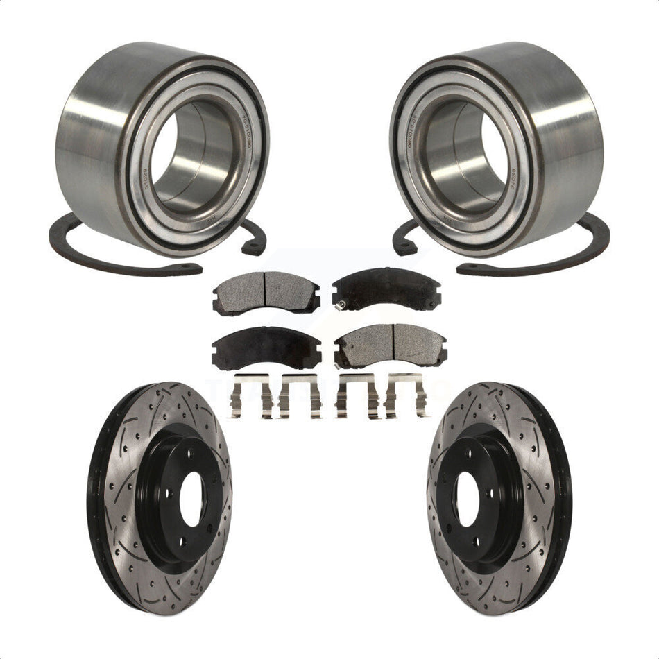 Front Wheel Bearing With Coated Drilled Slotted Disc Brake Rotors And Ceramic Pads Kit For 2017 Mitsubishi Lancer FWD 294mm Diameter Rotor KBB-101199