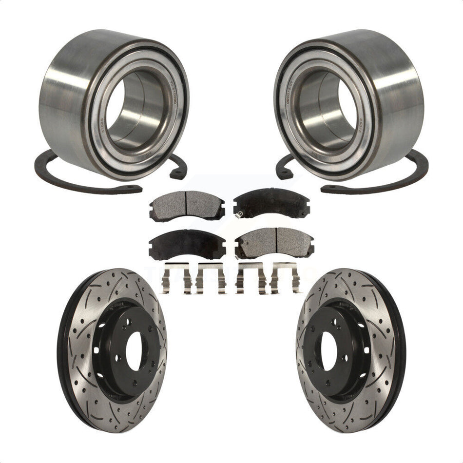 Front Wheel Bearing With Coated Drilled Slotted Disc Brake Rotors And Ceramic Pads Kit For 2009 Mitsubishi Lancer Ralliart with AWD From 04 09 KBB-101202