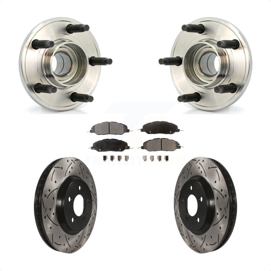 Front Hub Bearing Assembly With Coated Drilled Slotted Disc Brake Rotors And Semi-Metallic Pads Kit For Ford Mustang KBB-102871