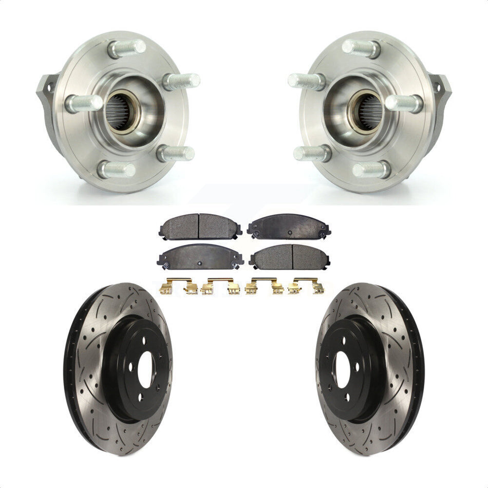 Front Hub Bearing Assembly With Coated Drilled Slotted Disc Brake Rotors And Semi-Metallic Pads Kit For Dodge Charger Chrysler 300 Challenger Magnum KBB-102877