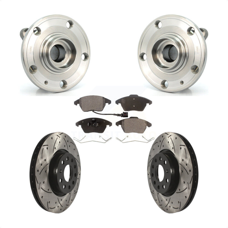 Front Hub Bearing Assembly With Coated Drilled Slotted Disc Brake Rotors And Semi-Metallic Pads Kit For Volkswagen Jetta Beetle CC Passat GTI Audi Eos A3 TT Quattro Golf KBB-102880