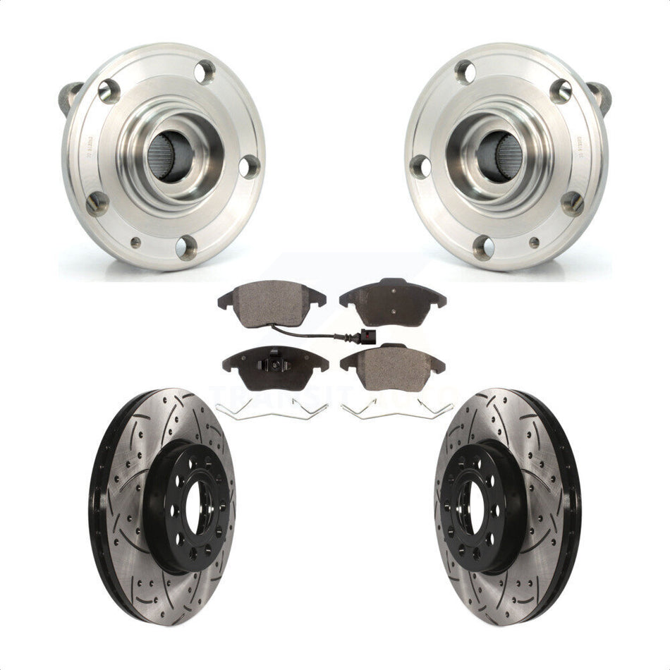 Front Hub Bearing Assembly With Coated Drilled Slotted Disc Brake Rotors And Semi-Metallic Pads Kit For Volkswagen Jetta Beetle Golf Rabbit Audi A3 GTI Quattro KBB-102883