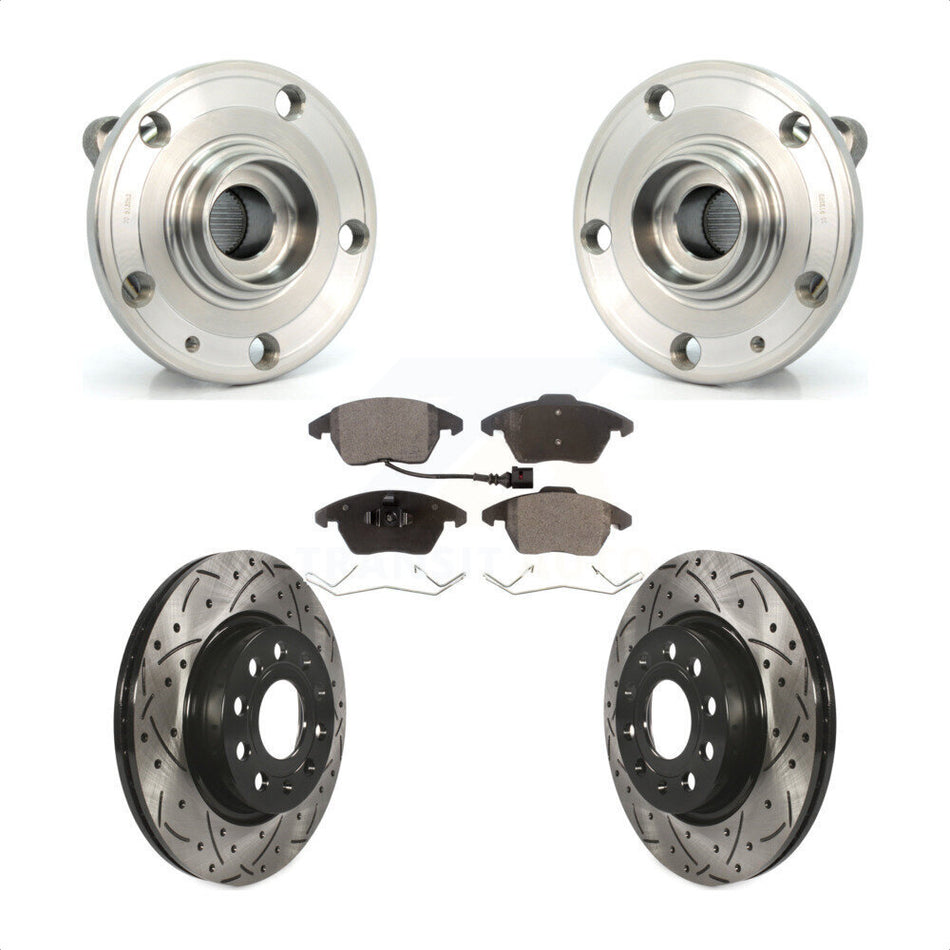 Front Hub Bearing Assembly With Coated Drilled Slotted Disc Brake Rotors And Semi-Metallic Pads Kit For Volkswagen GTI Audi A3 Quattro 280mm Diameter Rotor KBB-102884