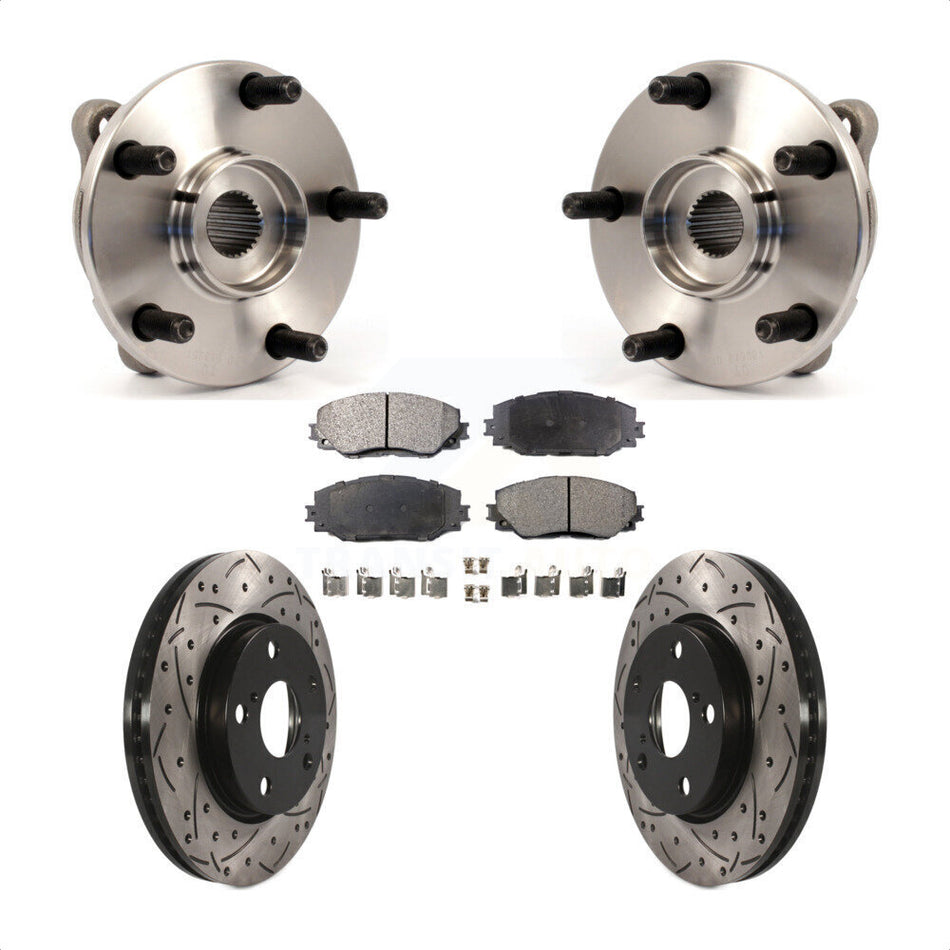 Front Hub Bearing Assembly With Coated Drilled Slotted Disc Brake Rotors And Semi-Metallic Pads Kit For Toyota RAV4 Scion xB Prius V Lexus HS250h KBB-102890