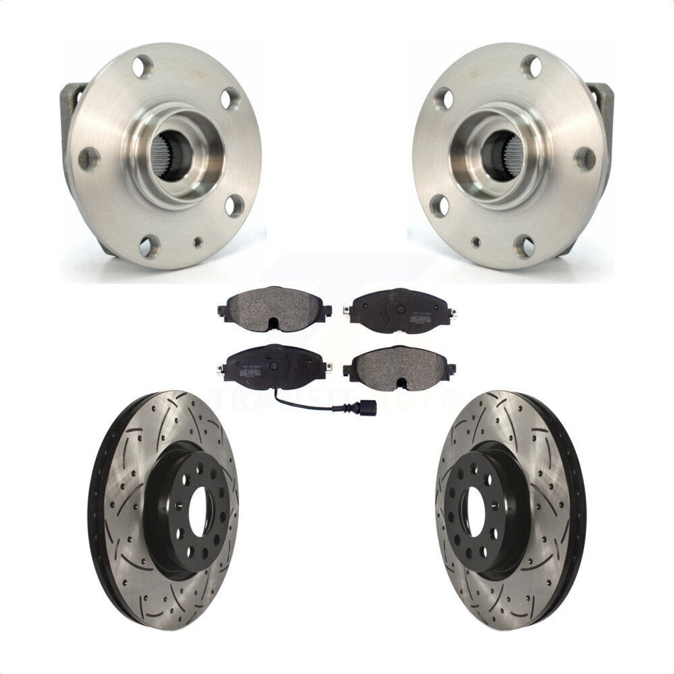 Front Hub Bearing Assembly With Coated Drilled Slotted Disc Brake Rotors And Semi-Metallic Pads Kit For 2017 Volkswagen Golf Alltrack Code 1ZE 1ZP KBB-102894