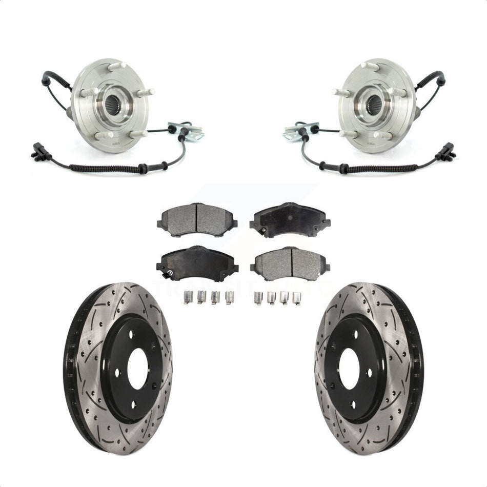 Front Hub Bearing Assembly With Coated Drilled Slotted Disc Brake Rotors And Semi-Metallic Pads Kit For Chrysler Town & Country Dodge Grand Caravan Volkswagen Routan KBB-102908
