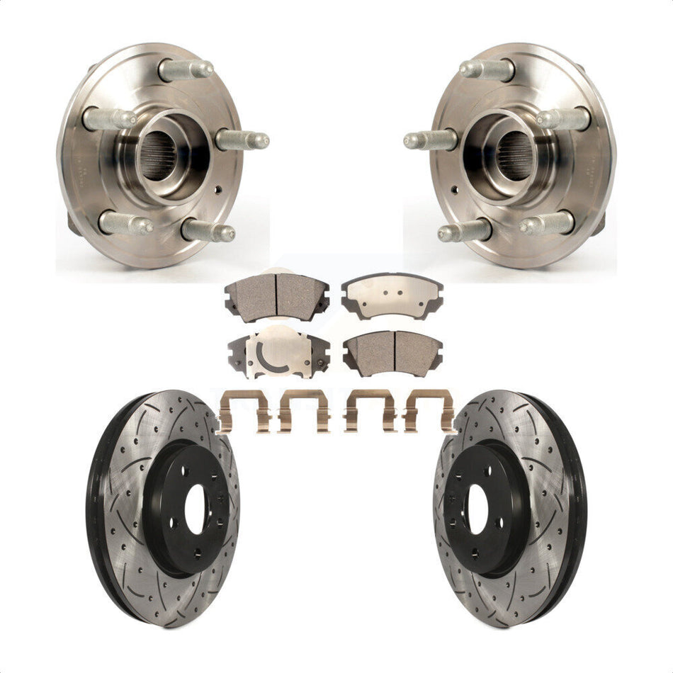 Front Hub Bearing Assembly With Coated Drilled Slotted Disc Brake Rotors And Semi-Metallic Pads Kit For 2010-2015 Chevrolet Camaro LT LS KBB-102916
