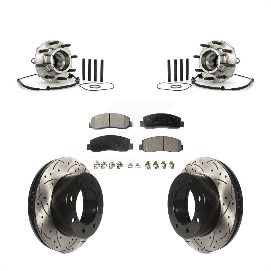 Front Hub Bearing Assembly With Coated Drilled Slotted Disc Brake Rotors And Semi-Metallic Pads Kit For Ford F-250 Super Duty F-350 Single Rear Wheels KBB-102994