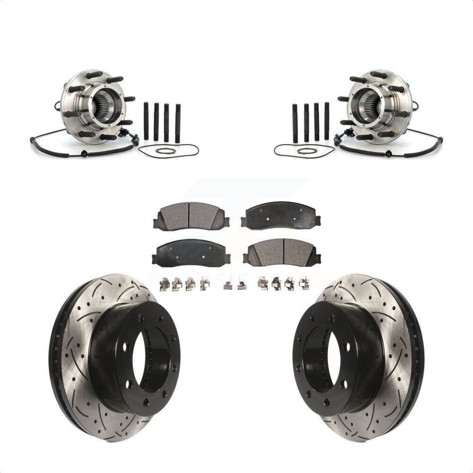 Front Hub Bearing Assembly With Coated Drilled Slotted Disc Brake Rotors And Semi-Metallic Pads Kit For 2008-2010 Ford F-350 Super Duty 4WD Single Rear Wheels KBB-102995