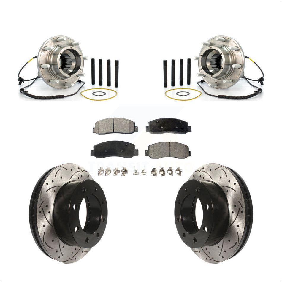 Front Hub Bearing Assembly With Coated Drilled Slotted Disc Brake Rotors And Semi-Metallic Pads Kit For Ford F-250 Super Duty Dual Rear Wheels KBB-102998