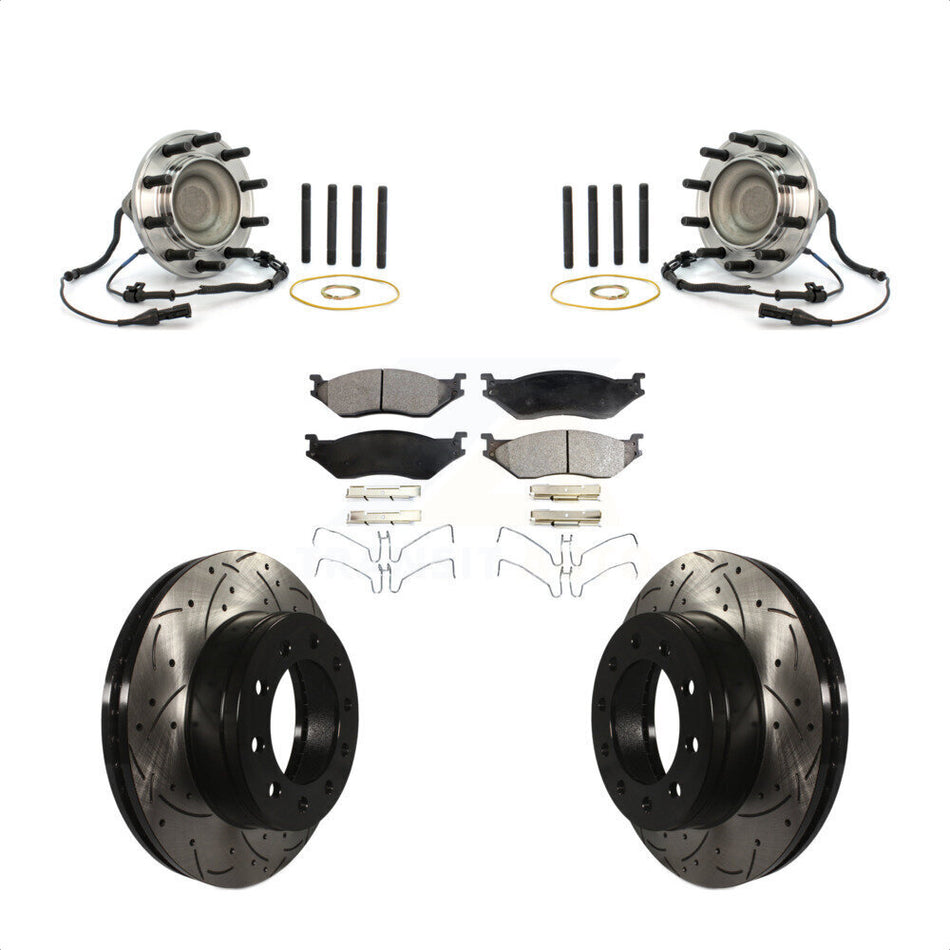 Front Hub Bearing Assembly With Coated Drilled Slotted Disc Brake Rotors And Semi-Metallic Pads Kit For Ford F-450 Super Duty F-550 KBB-103015