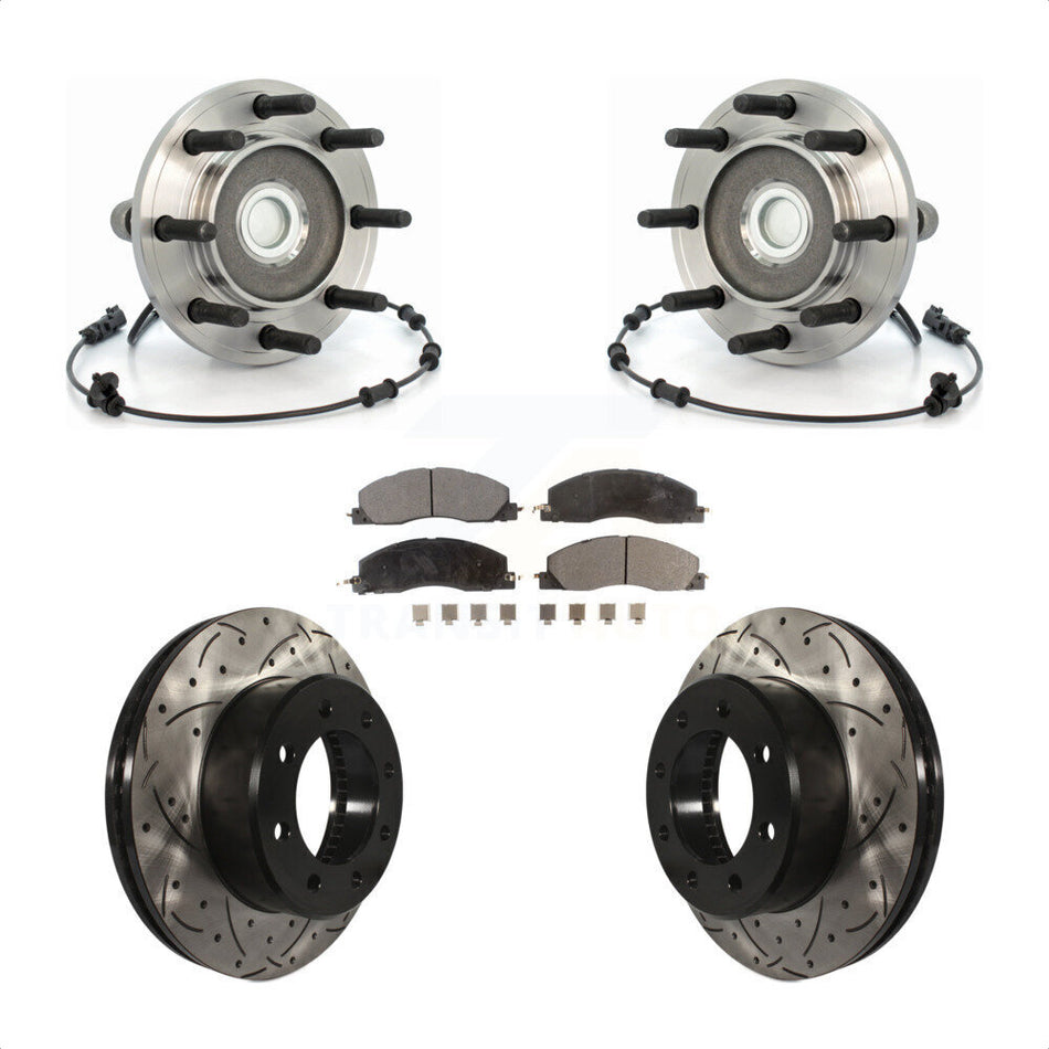 Front Hub Bearing Assembly With Coated Drilled Slotted Disc Brake Rotors And Semi-Metallic Pads Kit For Dodge Ram 2500 3500 RWD KBB-103020