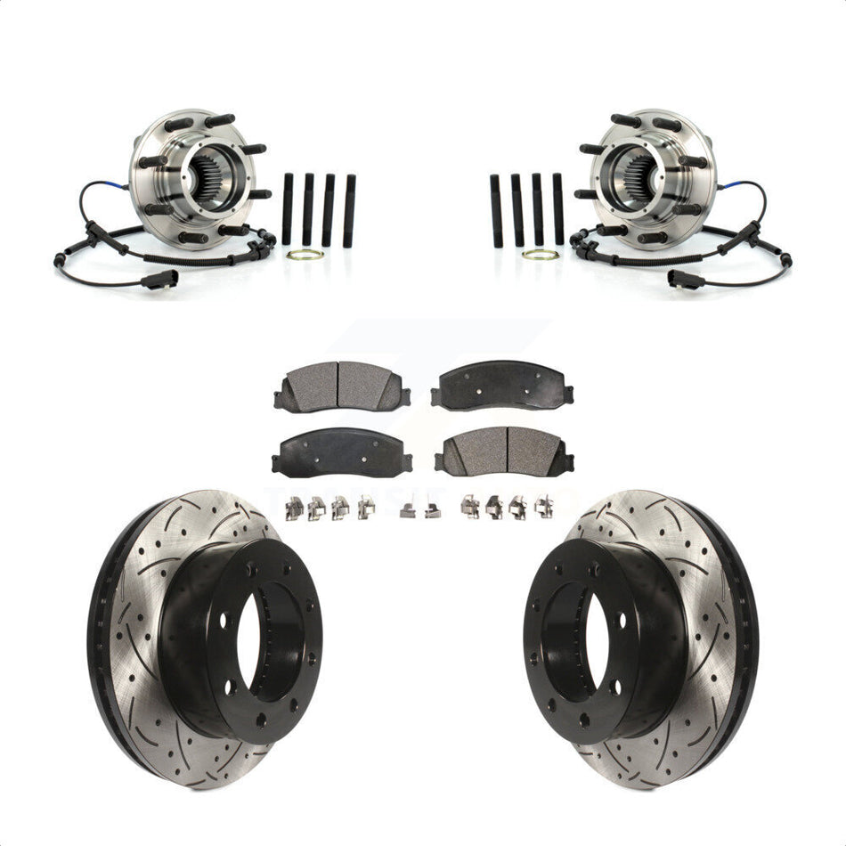 Front Hub Bearing Assembly With Coated Drilled Slotted Disc Brake Rotors And Semi-Metallic Pads Kit For 2011-2011 Ford F-250 Super Duty F-350 Single Rear Wheels 4WD KBB-103022