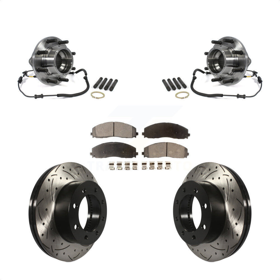 Front Hub Bearing Assembly With Coated Drilled Slotted Disc Brake Rotors And Semi-Metallic Pads Kit For 2014 Ford F-350 Super Duty 4WD Dual Rear Wheels KBB-103026