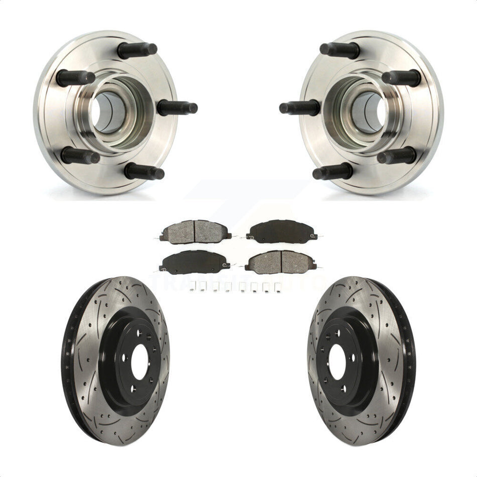 Front Hub Bearing Assembly With Coated Drilled Slotted Disc Brake Rotors And Semi-Metallic Pads Kit For Ford Mustang KBB-103068