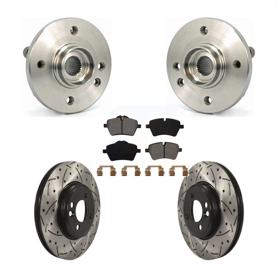 Front Hub Bearing Assembly With Coated Drilled Slotted Disc Brake Rotors And Semi-Metallic Pads Kit For 2002-2006 Mini Cooper 294mm Diameter Rotor 4 Lug Wheels KBB-103073