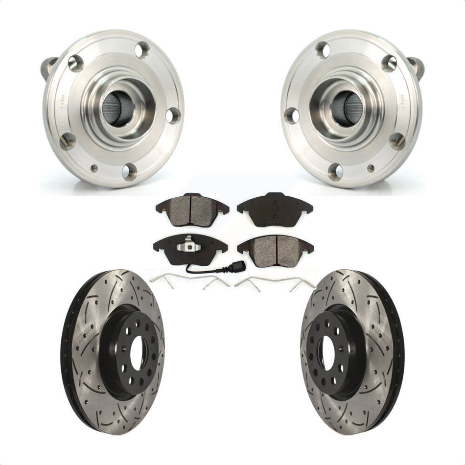 Front Hub Bearing Assembly With Coated Drilled Slotted Disc Brake Rotors And Semi-Metallic Pads Kit For Volkswagen Jetta Beetle CC Passat GTI Audi Eos A3 TT Quattro Golf KBB-103075