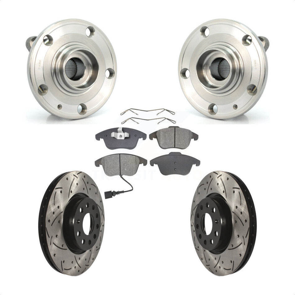 Front Hub Bearing Assembly With Coated Drilled Slotted Disc Brake Rotors And Semi-Metallic Pads Kit For Volkswagen Passat Tiguan Audi Q3 Quattro Limited KBB-103076