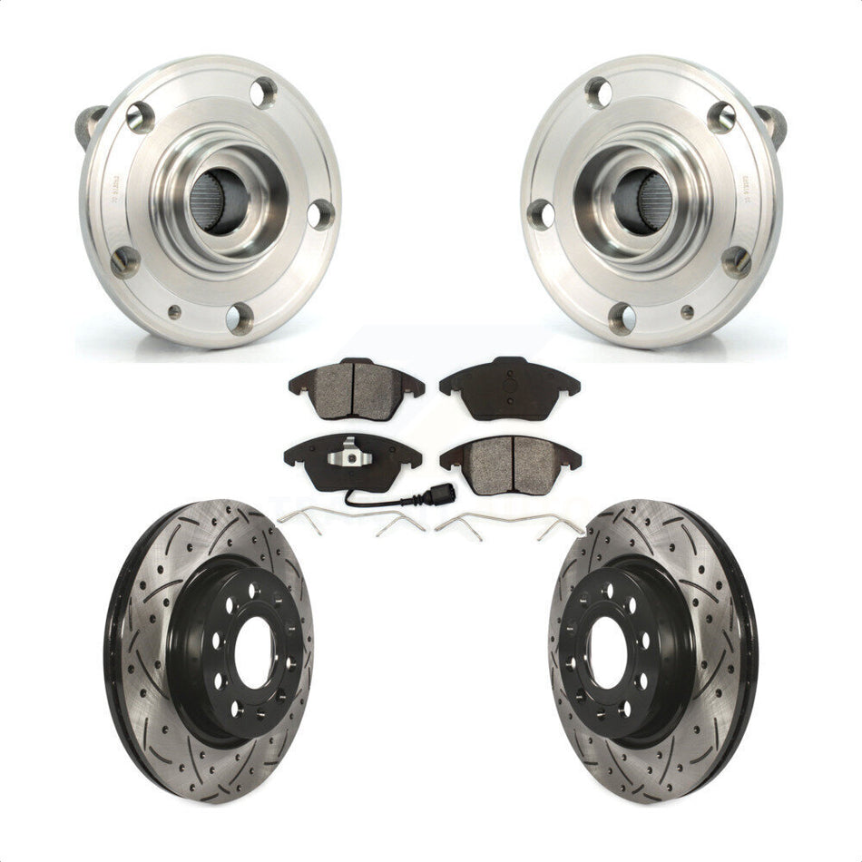 Front Hub Bearing Assembly With Coated Drilled Slotted Disc Brake Rotors And Semi-Metallic Pads Kit For Volkswagen GTI Audi A3 Quattro 280mm Diameter Rotor KBB-103078