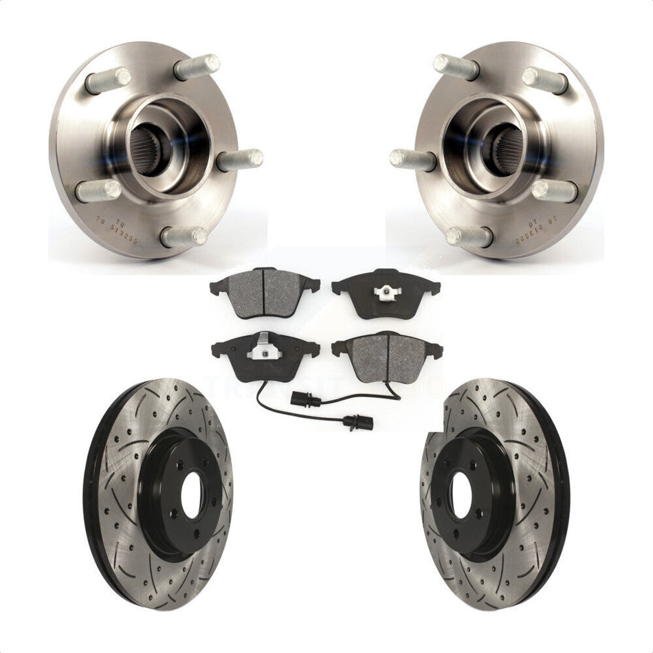 Front Hub Bearing Assembly With Coated Drilled Slotted Disc Brake Rotors And Semi-Metallic Pads Kit For Volvo S40 C70 V50 320mm Diameter Rotor KBB-103081