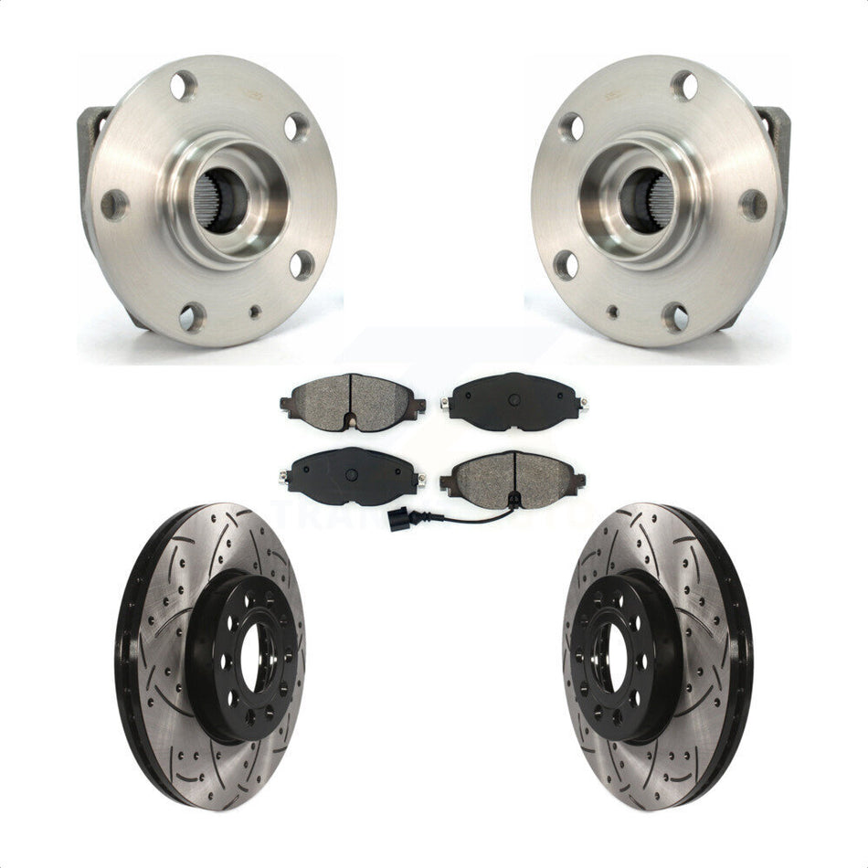 Front Hub Bearing Assembly With Coated Drilled Slotted Disc Brake Rotors And Semi-Metallic Pads Kit For Volkswagen Golf SportWagen e-Golf KBB-103090