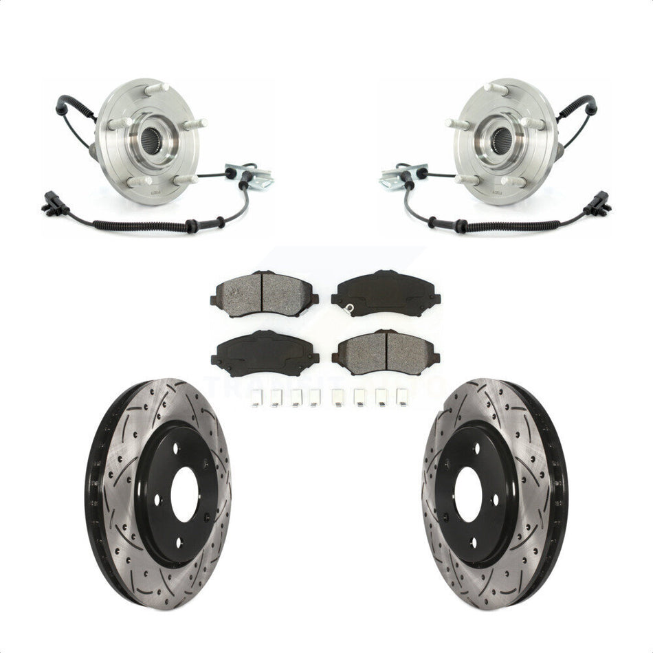 Front Hub Bearing Assembly With Coated Drilled Slotted Disc Brake Rotors And Semi-Metallic Pads Kit For Chrysler Town & Country Dodge Grand Caravan Volkswagen Routan KBB-103102