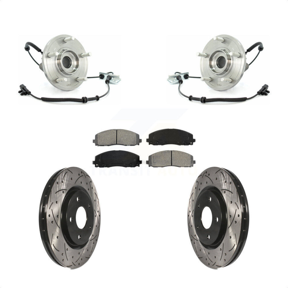 Front Hub Bearing Assembly With Coated Drilled Slotted Disc Brake Rotors And Semi-Metallic Pads Kit For 2012 Volkswagen Routan Dual Piston Caliper KBB-103103