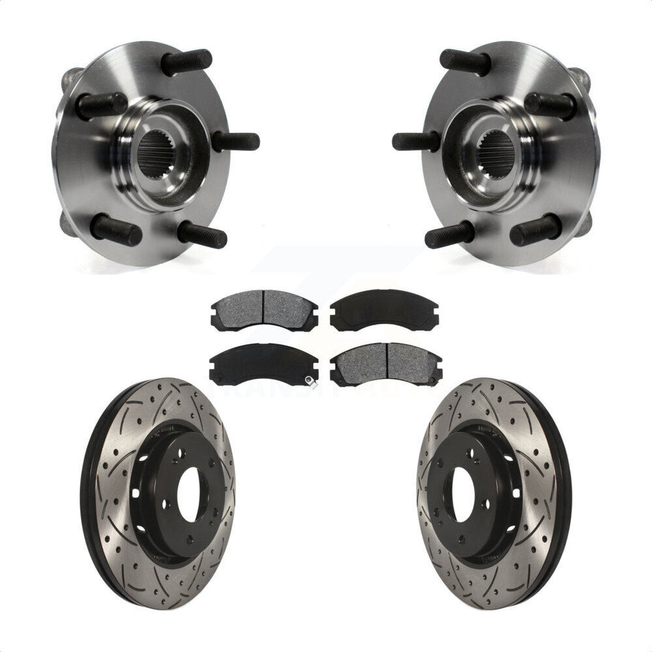 Front Hub Bearing Assembly With Coated Drilled Slotted Disc Brake Rotors And Semi-Metallic Pads Kit For 2010-2011 Mitsubishi Lancer Ralliart Sportback with AWD KBB-103126