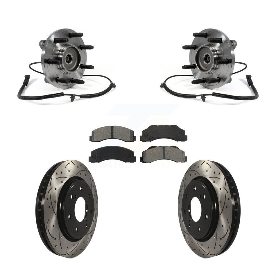 Front Hub Bearing Assembly With Coated Drilled Slotted Disc Brake Rotors And Semi-Metallic Pads Kit For Ford F-150 KBB-103144