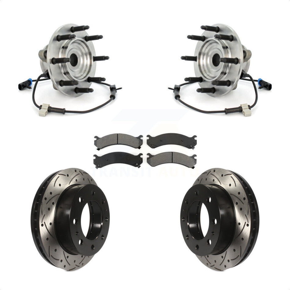 Front Hub Bearing Assembly Coated Drilled Slotted Disc Brake Rotor Pads Kit For Chevrolet Silverado 2500 HD GMC Sierra Hummer H2 Classic 1500 3500 Suburban Yukon XL Avalanche KBB-103183